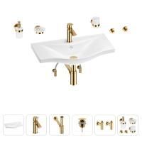 Раковина для ванной Wellsee Bisou 201007353 в наборе 9 в 1: раковина белого глянцевого цвета, смеситель, сифон, донный клапан, угловые вентили, аксессуары (цвет набора золото)