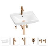 Раковина для ванной Wellsee FreeDom 201004754 в наборе 5 в 1: раковина белого глянцевого цвета, смеситель, сифон, донный клапан, угловые вентили (цвет набора розовое золото)