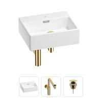 Раковина для ванной Wellsee Graceful Pro 201001323 в наборе 3 в 1: прямоугольная раковина белого глянцевого цвета, сифон, донный клапан в цвете золото