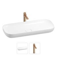 Раковина для ванной Wellsee Croquis 201000599 в наборе 2 в 1: овальная раковина белого глянцевого цвета, высокий смеситель в цвете розовое золото