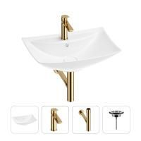 Раковина для ванной Wellsee Cerulean 201003023 в наборе 4 в 1: раковина белого глянцевого цвета, смеситель, сифон, выпуск (цвет набора золото)
