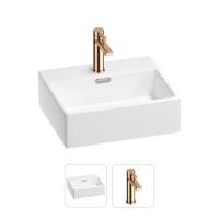 Раковина для ванной Wellsee Graceful Pro 201000784 в наборе 2 в 1: прямоугольная раковина белого глянцевого цвета, смеситель в цвете розовое золото