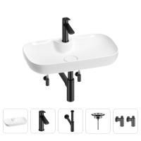 Раковина для ванной Wellsee Croquis 2.0 201004082 в наборе 5 в 1: раковина белого глянцевого цвета, смеситель, сифон, выпуск, угловые вентили (цвет набора матовый черный)