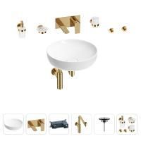 Раковина для ванной Wellsee Chalice Perfection 201006218 в наборе 8 в 1: раковина белого глянцевого цвета, встраиваемый смеситель, сифон, выпуск, аксессуары (цвет набора золото)