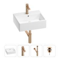 Раковина для ванной Wellsee Graceful Pro 201002939 в наборе 4 в 1: раковина белого глянцевого цвета, смеситель, сифон, донный клапан (цвет набора розовое золото)