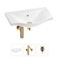 Раковина для ванной Wellsee Bisou 201001648 в наборе 3 в 1: полукруглая раковина белого глянцевого цвета, сифон, донный клапан в цвете золото