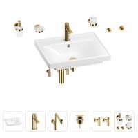 Раковина для ванной Wellsee FreeDom 201006998 в наборе 9 в 1: раковина белого глянцевого цвета, смеситель, сифон, донный клапан, угловые вентили, аксессуары (цвет набора золото)