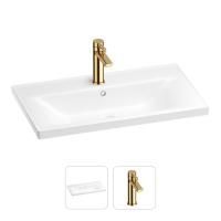 Раковина для ванной Wellsee FreeDom 201000853 в наборе 2 в 1: прямоугольная раковина белого глянцевого цвета, смеситель в цвете золото