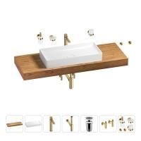 Раковина 75 см со столешницей 140 см Wellsee Pure BY Wellsee 201011838 в наборе 10 в 1: столешница, раковина, высокий смеситель, сифон, выпуск, кран-вентили, аксессуары (цвет золото)
