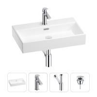 Раковина для ванной Wellsee Graceful Pro 201002951 в наборе 4 в 1: раковина белого глянцевого цвета, смеситель, сифон, донный клапан (цвет набора хром)