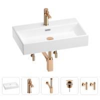 Раковина для ванной Wellsee Graceful Pro 201004644 в наборе 5 в 1: раковина белого глянцевого цвета, смеситель, сифон, донный клапан, угловые вентили (цвет набора розовое золото)