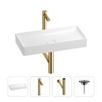 Раковина для ванной Wellsee Pure BY Wellsee 201002743 в наборе 4 в 1: раковина белого глянцевого цвета, высокий смеситель, сифон, выпуск (цвет набора золото)