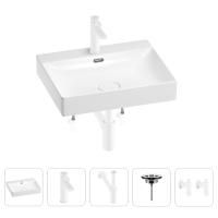 Раковина для ванной Wellsee DeSire 201005485 в наборе 5 в 1: раковина белого глянцевого цвета, смеситель, сифон, выпуск, угловые вентили (цвет набора матовый белый)
