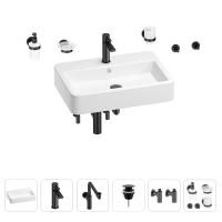 Раковина для ванной Wellsee Halcyon 201006597 в наборе 9 в 1: раковина белого глянцевого цвета, смеситель, сифон, донный клапан, угловые вентили, аксессуары (цвет набора матовый черный)