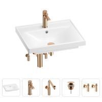 Раковина для ванной Wellsee FreeDom 201004874 в наборе 5 в 1: раковина белого глянцевого цвета, смеситель, сифон, донный клапан, угловые вентили (цвет набора розовое золото)