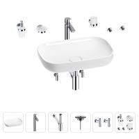 Раковина для ванной Wellsee Croquis 201005626 в наборе 9 в 1: раковина белого глянцевого цвета, высокий смеситель, сифон, выпуск, угловые вентили, аксессуары (цвет хром)