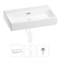 Раковина для ванной Wellsee Graceful Pro 201001360 в наборе 3 в 1: прямоугольная раковина белого глянцевого цвета, сифон, донный клапан в цвете матовый белый