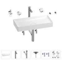 Раковина для ванной Wellsee Pure BY Wellsee 201006491 в наборе 9 в 1: раковина белого глянцевого цвета, высокий смеситель, сифон, выпуск, угловые вентили, аксессуары (цвет хром)