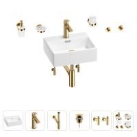 Раковина для ванной Wellsee Graceful Pro 201006633 в наборе 9 в 1: раковина белого глянцевого цвета, смеситель, сифон, донный клапан, угловые вентили, аксессуары (цвет набора золото)