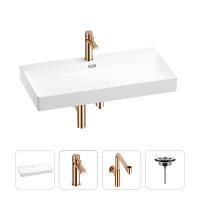 Раковина для ванной Wellsee Bromance 201003899 в наборе 4 в 1: раковина белого глянцевого цвета, смеситель, сифон, выпуск (цвет набора розовое золото)