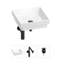 Раковина для ванной Wellsee Doux 201001122 в наборе 3 в 1: квадратная раковина белого глянцевого цвета, сифон, донный клапан в цвете матовый черный