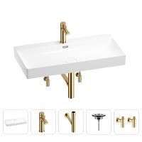 Раковина для ванной Wellsee Bromance 201005553 в наборе 5 в 1: раковина белого глянцевого цвета, смеситель, сифон, выпуск, угловые вентили (цвет набора золото)