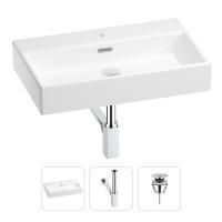 Раковина для ванной Wellsee Graceful Pro 201001356 в наборе 3 в 1: прямоугольная раковина белого глянцевого цвета, сифон, донный клапан в цвете хром