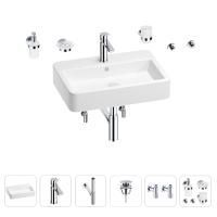 Раковина для ванной Wellsee Halcyon 201006581 в наборе 9 в 1: раковина белого глянцевого цвета, смеситель, сифон, донный клапан, угловые вентили, аксессуары (цвет набора хром)
