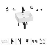 Раковина для ванной Wellsee Graceful Pro 201006602 в наборе 9 в 1: раковина белого глянцевого цвета, смеситель, сифон, донный клапан, угловые вентили, аксессуары (цвет набора матовый черный)
