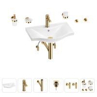 Раковина для ванной Wellsee Bisou 201007228 в наборе 9 в 1: раковина белого глянцевого цвета, смеситель, сифон, донный клапан, угловые вентили, аксессуары (цвет набора золото)