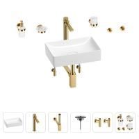 Раковина для ванной Wellsee Pure BY Wellsee 201006293 в наборе 9 в 1: раковина белого глянцевого цвета, высокий смеситель, сифон, выпуск, угловые вентили, аксессуары (цвет золото)