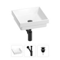 Раковина для ванной Wellsee Doux 201001102 в наборе 3 в 1: квадратная раковина белого глянцевого цвета, сифон, донный клапан в цвете матовый черный
