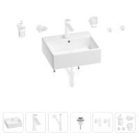 Раковина для ванной Wellsee Graceful Pro 201006655 в наборе 9 в 1: раковина белого глянцевого цвета, смеситель, сифон, донный клапан, угловые вентили, аксессуары (цвет набора матовый белый)