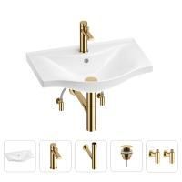 Раковина для ванной Wellsee Bisou 201005203 в наборе 5 в 1: раковина белого глянцевого цвета, смеситель, сифон, донный клапан, угловые вентили (цвет набора золото)