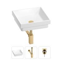 Раковина для ванной Wellsee Doux 201001108 в наборе 3 в 1: квадратная раковина белого глянцевого цвета, сифон, донный клапан в цвете золото