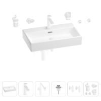 Раковина для ванной Wellsee Graceful Pro 201006745 в наборе 9 в 1: раковина белого глянцевого цвета, смеситель, сифон, донный клапан, угловые вентили, аксессуары (цвет набора матовый белый)