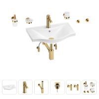 Раковина для ванной Wellsee Bisou 201007218 в наборе 9 в 1: раковина белого глянцевого цвета, смеситель, сифон, донный клапан, угловые вентили, аксессуары (цвет набора золото)