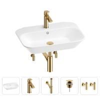 Раковина для ванной Wellsee Eclatant 201005408 в наборе 5 в 1: раковина белого глянцевого цвета, смеситель, сифон, донный клапан, угловые вентили (цвет набора золото)