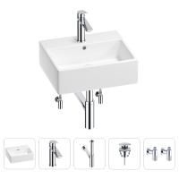 Раковина для ванной Wellsee Graceful Pro 201004606 в наборе 5 в 1: раковина белого глянцевого цвета, смеситель, сифон, донный клапан, угловые вентили (цвет набора хром)