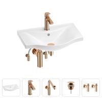 Раковина для ванной Wellsee Bisou 201005169 в наборе 5 в 1: раковина белого глянцевого цвета, смеситель, сифон, донный клапан, угловые вентили (цвет набора розовое золото)
