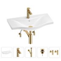 Раковина для ванной Wellsee Bisou 201005308 в наборе 5 в 1: раковина белого глянцевого цвета, смеситель, сифон, донный клапан, угловые вентили (цвет набора золото)
