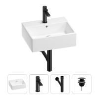Раковина для ванной Wellsee Graceful Pro 201002927 в наборе 4 в 1: раковина белого глянцевого цвета, смеситель, сифон, донный клапан (цвет набора матовый черный)