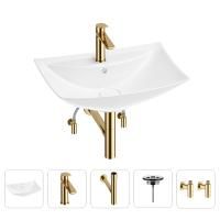 Раковина для ванной Wellsee Cerulean 201004698 в наборе 5 в 1: раковина белого глянцевого цвета, смеситель, сифон, выпуск, угловые вентили (цвет набора золото)