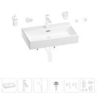 Раковина для ванной Wellsee Graceful Pro 201006715 в наборе 9 в 1: раковина белого глянцевого цвета, смеситель, сифон, донный клапан, угловые вентили, аксессуары (цвет набора матовый белый)