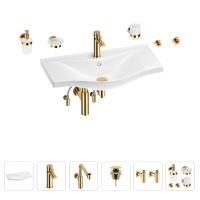 Раковина для ванной Wellsee Bisou 201007448 в наборе 9 в 1: раковина белого глянцевого цвета, смеситель, сифон, донный клапан, угловые вентили, аксессуары (цвет набора золото)