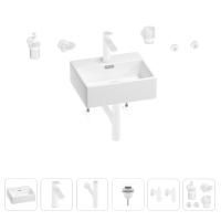 Раковина для ванной Wellsee Graceful Pro 201006625 в наборе 9 в 1: раковина белого глянцевого цвета, смеситель, сифон, донный клапан, угловые вентили, аксессуары (цвет набора матовый белый)