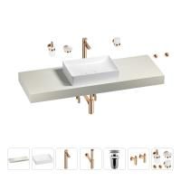 Раковина 50 см со столешницей 140 см Wellsee Pure BY Wellsee 201011434 в наборе 10 в 1: столешница, раковина, высокий смеситель, сифон, выпуск, кран-вентили, аксессуары (цвет розовое золото)