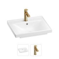 Раковина для ванной Wellsee FreeDom 201000818 в наборе 2 в 1: прямоугольная раковина белого глянцевого цвета, смеситель в цвете золото