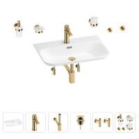 Раковина для ванной Wellsee Eclatant 2.0 201007518 в наборе 9 в 1: раковина белого глянцевого цвета, смеситель, сифон, донный клапан, угловые вентили, аксессуары (цвет набора золото)