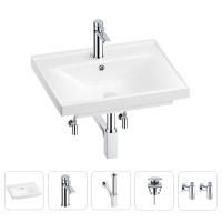 Раковина для ванной Wellsee FreeDom 201004891 в наборе 5 в 1: раковина белого глянцевого цвета, смеситель, сифон, донный клапан, угловые вентили (цвет набора хром)